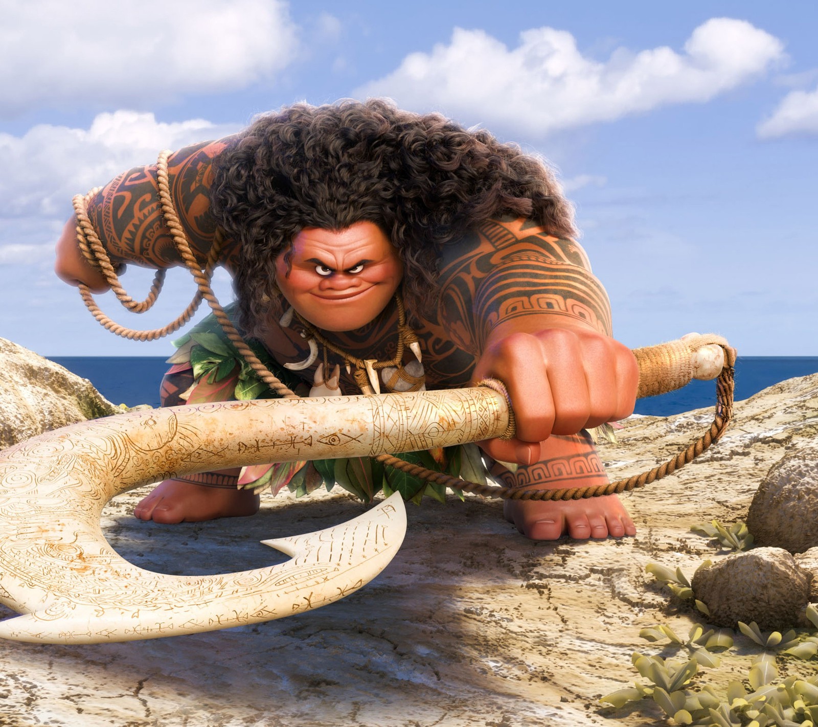 Moan está sosteniendo un gran cuerno com uma corda em torno dele (animación, disney, moana, películas)