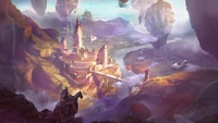 Majestic Fantasy Landscape with Dragon and Floating Castles