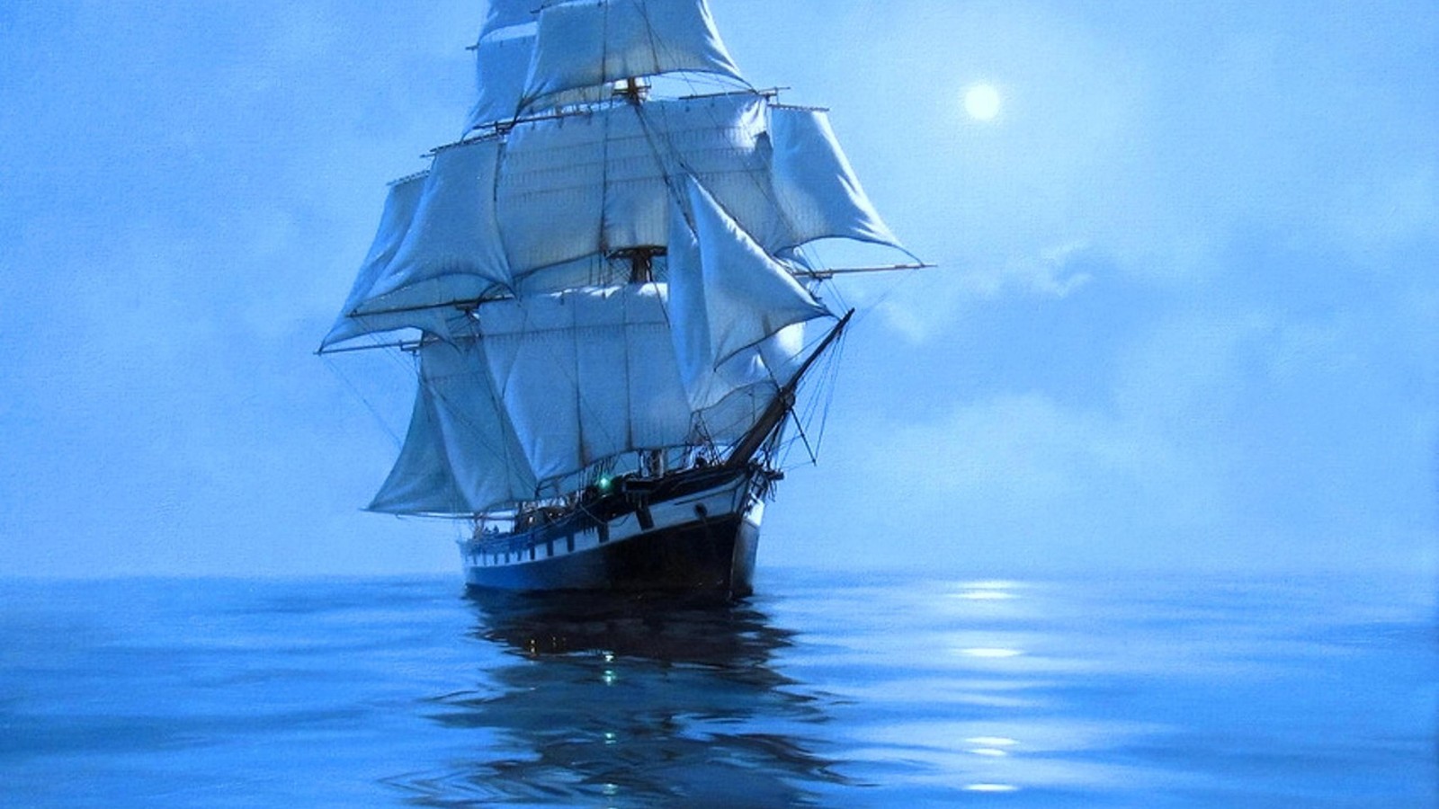 Painting of a sailboat in the ocean with a full moon in the background (painting, oil painting, art, canvas, tall ship)