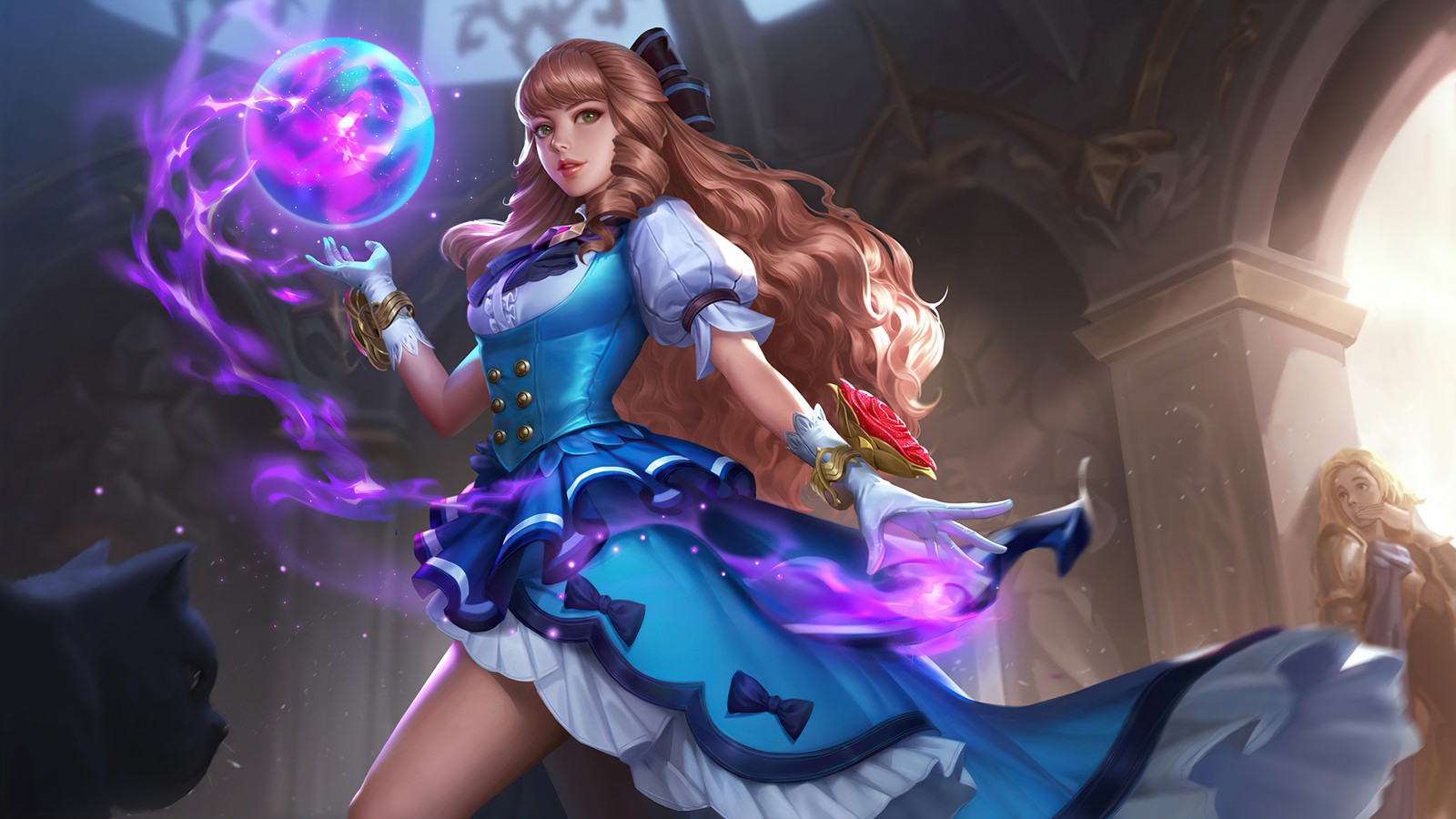 Una mujer con un vestido azul sostiene una bola púrpura (ginebra, fleur de bleau, piel, mobile legends, bang bang)