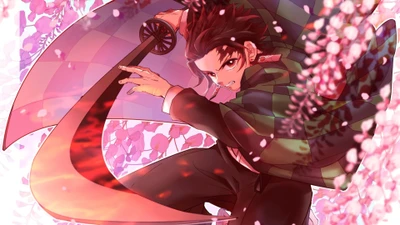 Tanjirou Kamado em uma pose dinâmica, empunhando uma espada em meio a um fundo de flores de cerejeira.