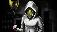 Digital Art: A Human Figure in Black and Yellow, Wearing a Gas Mask and Holding a Balloon