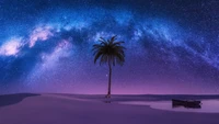 Surreal Nightscape with Milky Way Over Palm Tree and Calm Waters