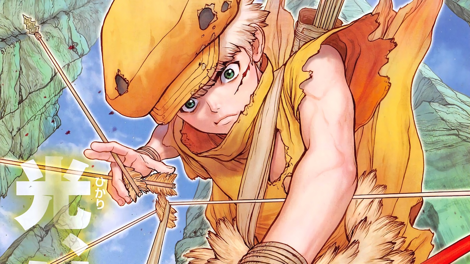 Un gros plan d'une personne avec un arc et des flèches (dr stone, anime, ukyo)