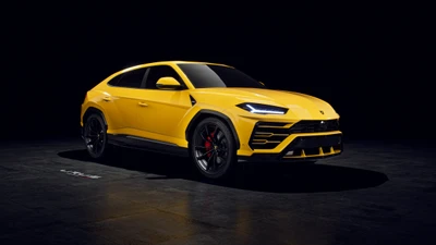 Lamborghini Urus в ярком желтом цвете на гладком черном фоне, демонстрируя свой смелый дизайн и мощное присутствие.