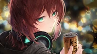 Anime Girl with Headphones Enjoying a Coffee Can