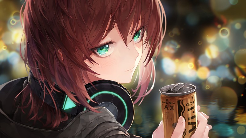 Chica de anime con auriculares sosteniendo una lata de refresco (anime, chicas, auriculares, lata de café)