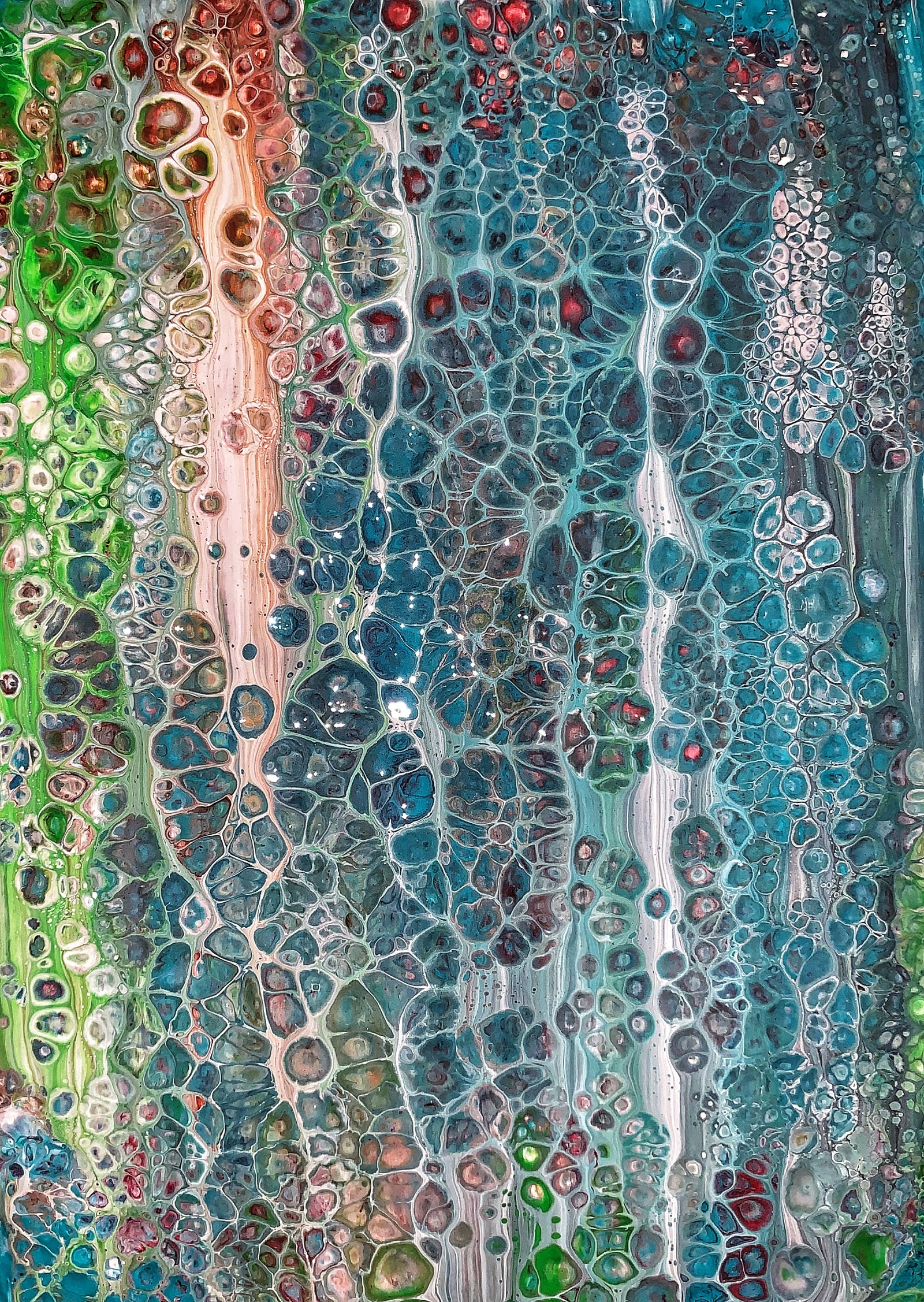 A close up of a painting of a variety of bubbles (green, texture, pattern, turquoise, paints)