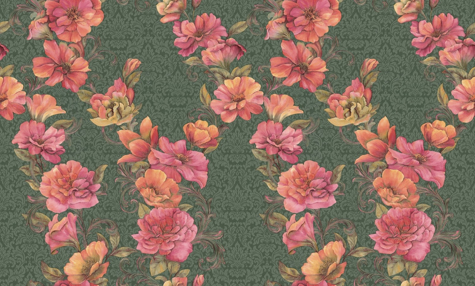 Um close de um padrão floral em um fundo verde. (design, flor, rosa, design floral, arbusto)