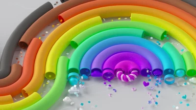 Paysage Arc-en-ciel Surréaliste : Couleurs Vives et Formes Ludiques Célébrant la Fierté LGBTQ