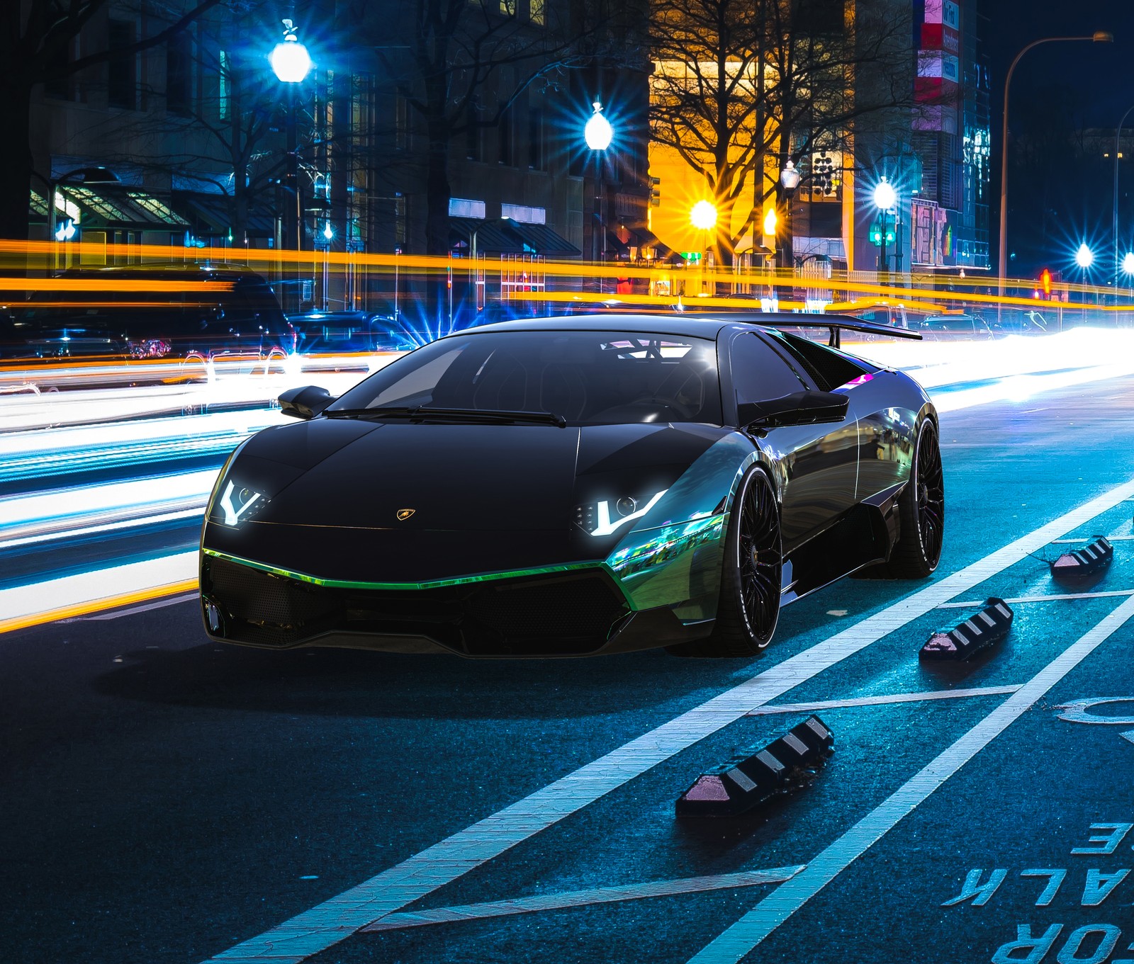 Descargar fondo de pantalla lamborghini murciélago, lamborghini murcielago, ajuste personalizado, luces de la ciudad, estelas de luz