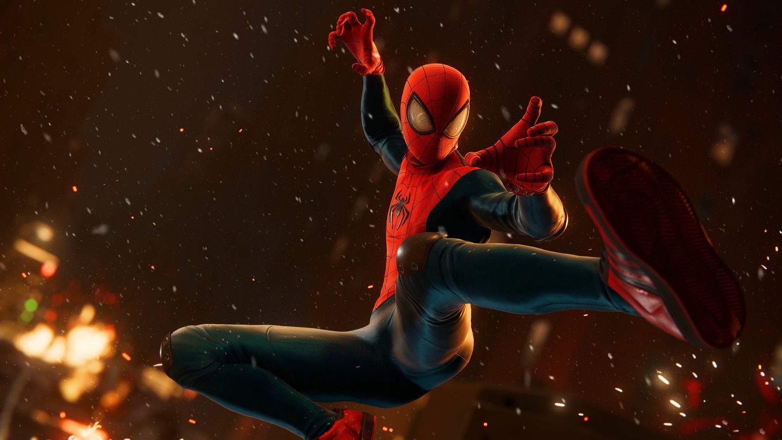 Spider-man saute dans les airs dans une scène de the amazing spider-man (spider man miles morales, playstation 4, playstation 5, spiderman, jeux)