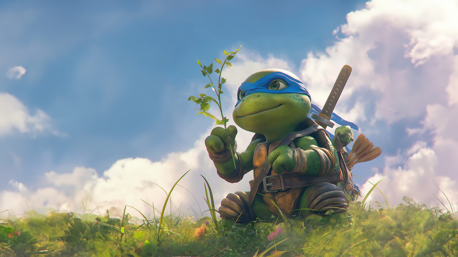 Teenage mutant turtles are playing with a plant in the grass (leonardo, cute art, ninja turtle, tmnt, ai art)