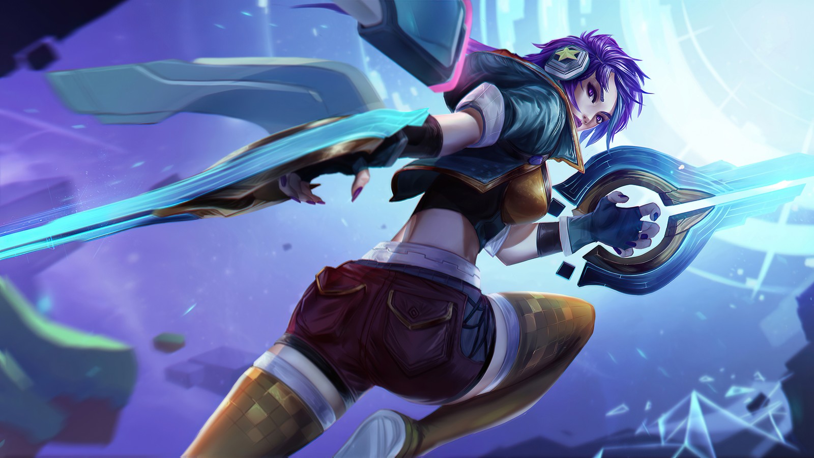 A woman in a short skirt holding a sword and shield (arcade, kaisa, lol, league of legends, video game)