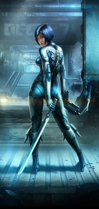 Futuristic Cyborg Warrior in Electric Blue Latex Armor