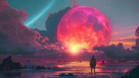 sunset, moon, standing, alone, digital art wallpaper