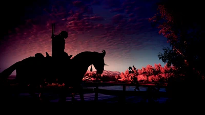 Silhouette of a horse and rider against a vibrant evening sky in "The Witcher 3: Wild Hunt