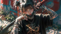 Garota tatuada intrincada com katana em arte digital vibrante