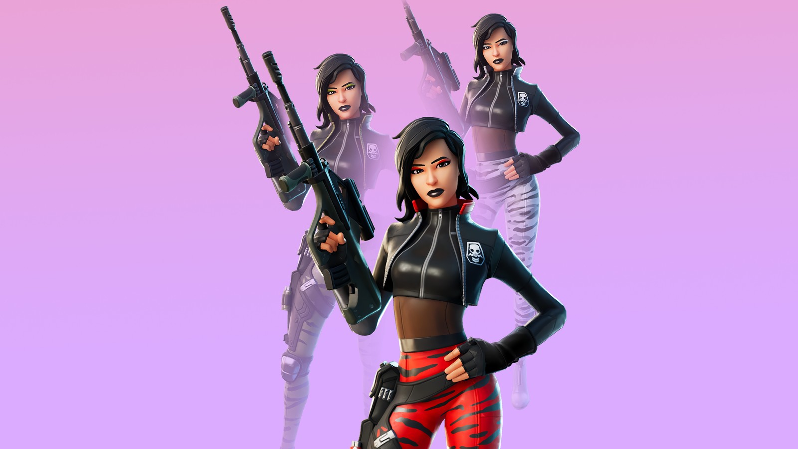 A close up of a person holding two guns in a purple background (fortnite, video game, fortnite battle royale, sorana, skin)