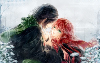 Una fan art en acuarela que representa un momento cercano e íntimo entre un personaje de cabello largo que recuerda al profesor Severus Snape y una chica con cabello rojo vibrante, ambientado en un sereno paisaje nevado.