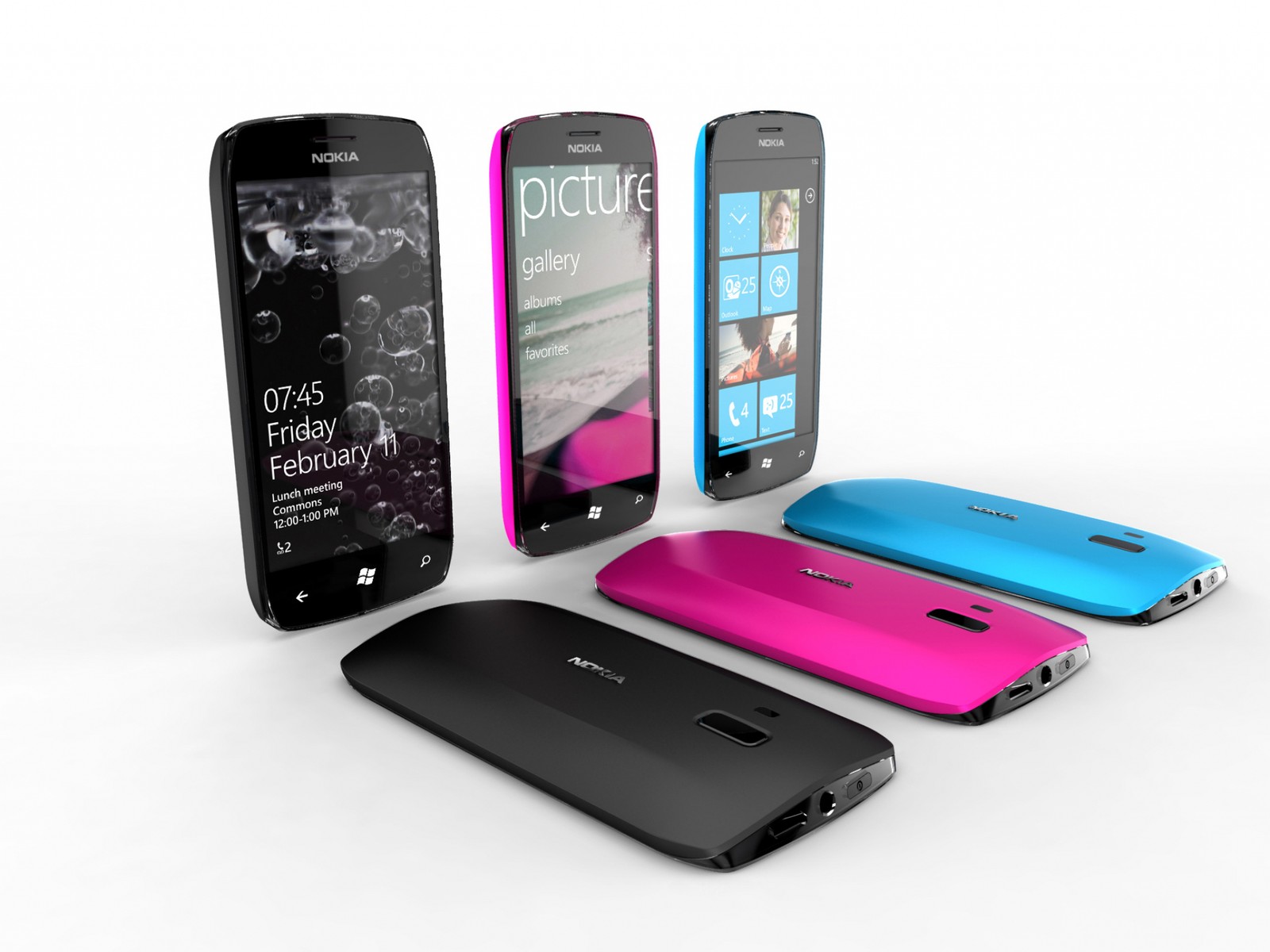 A close up of a group of cell phones with different colors (nokia, windows phone, smartphone, feature phone, gadget)