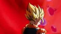 Goku in Super-Saiyajin-Form vor einem dynamischen roten Hintergrund.