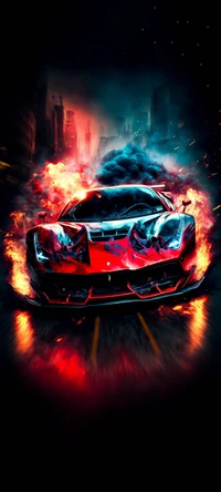 Dynamic Sports Car with Fiery Background