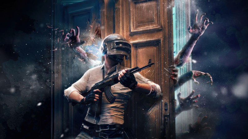 Un homme tenant une arme devant une porte avec des zombies qui en sortent (pubg mobile, playerunknowns battlegrounds, jeu vidéo, zombie)