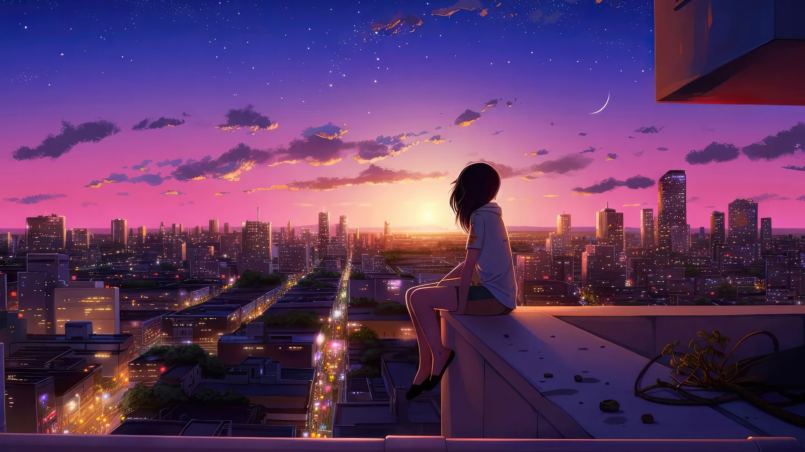 Une femme assise sur un rebord regardant la ville la nuit (fille lofi, rêves, fille urbaine, paysage urbain, coucher de soleil)