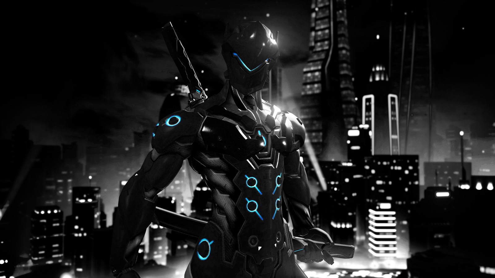 A close up of a robot standing in front of a city at night (overwatch, darkness, metropolis, digital compositing, city)