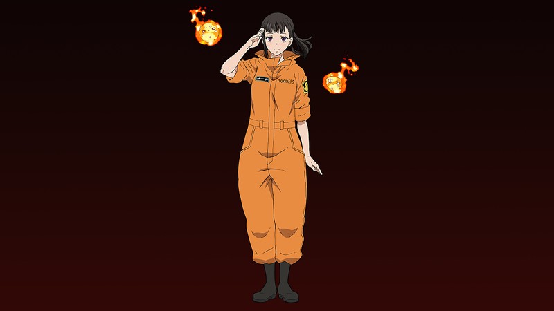 Аниме, женщина в оранжевом костюме с огнем на голове (fire force, аниме, anime, огненная бригада, enen no shouboutai)