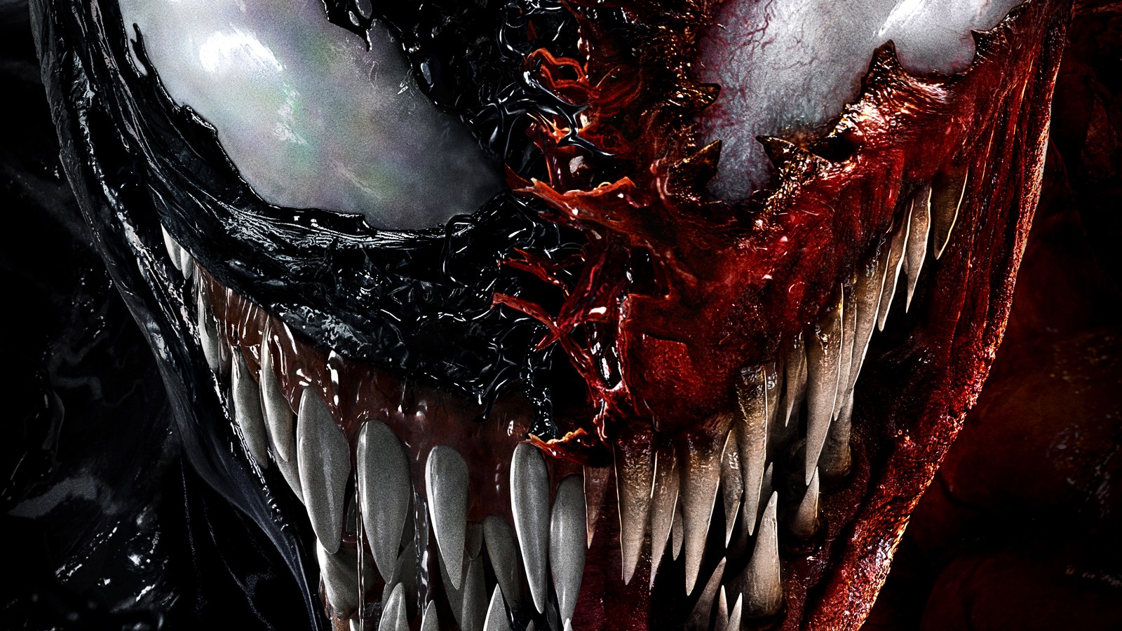 Venom ist ein sehr gruselig aussehendes wesen mit scharfen zähnen (carnage, venom let there be carnage, marvel, film, 2021)