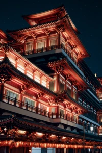 Beleuchtete rote Fassade traditioneller chinesischer Architektur bei Nacht