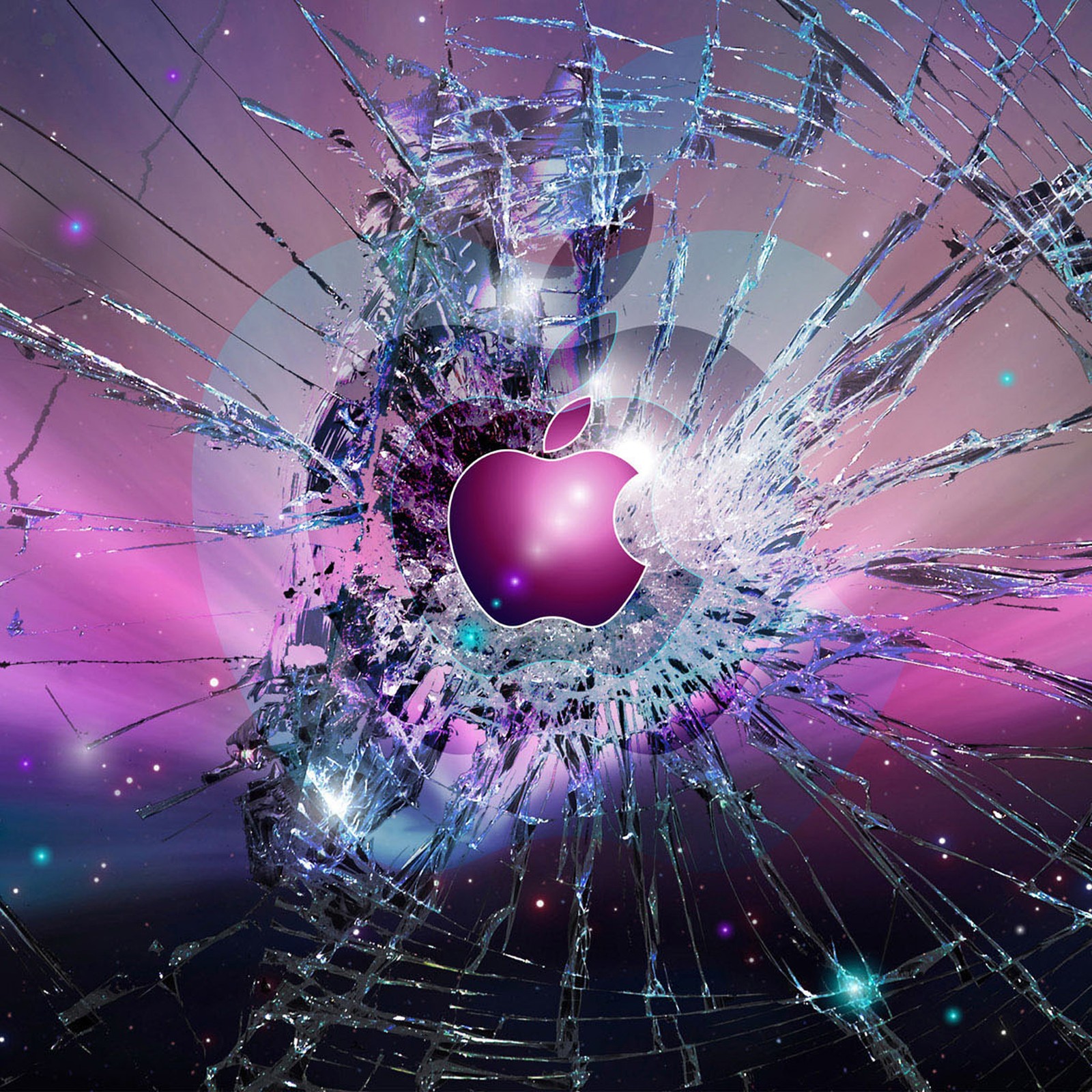 Arafed apple logo on a broken glass with a purple background (abstract, break, ipad air, lock screen, oops)