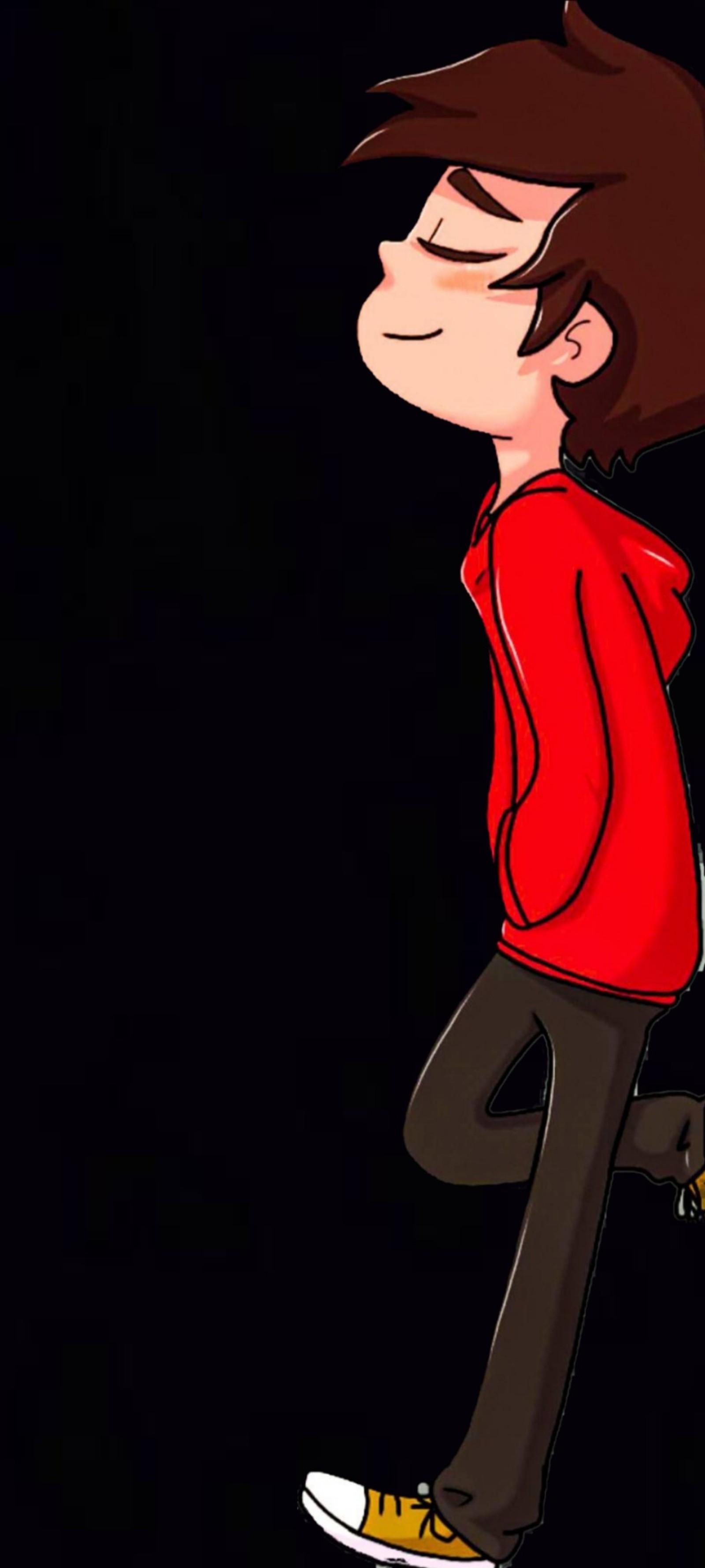 Un niño de dibujos animados con chaqueta roja y pantalones negros montando en patineta (amoled, caricatura)