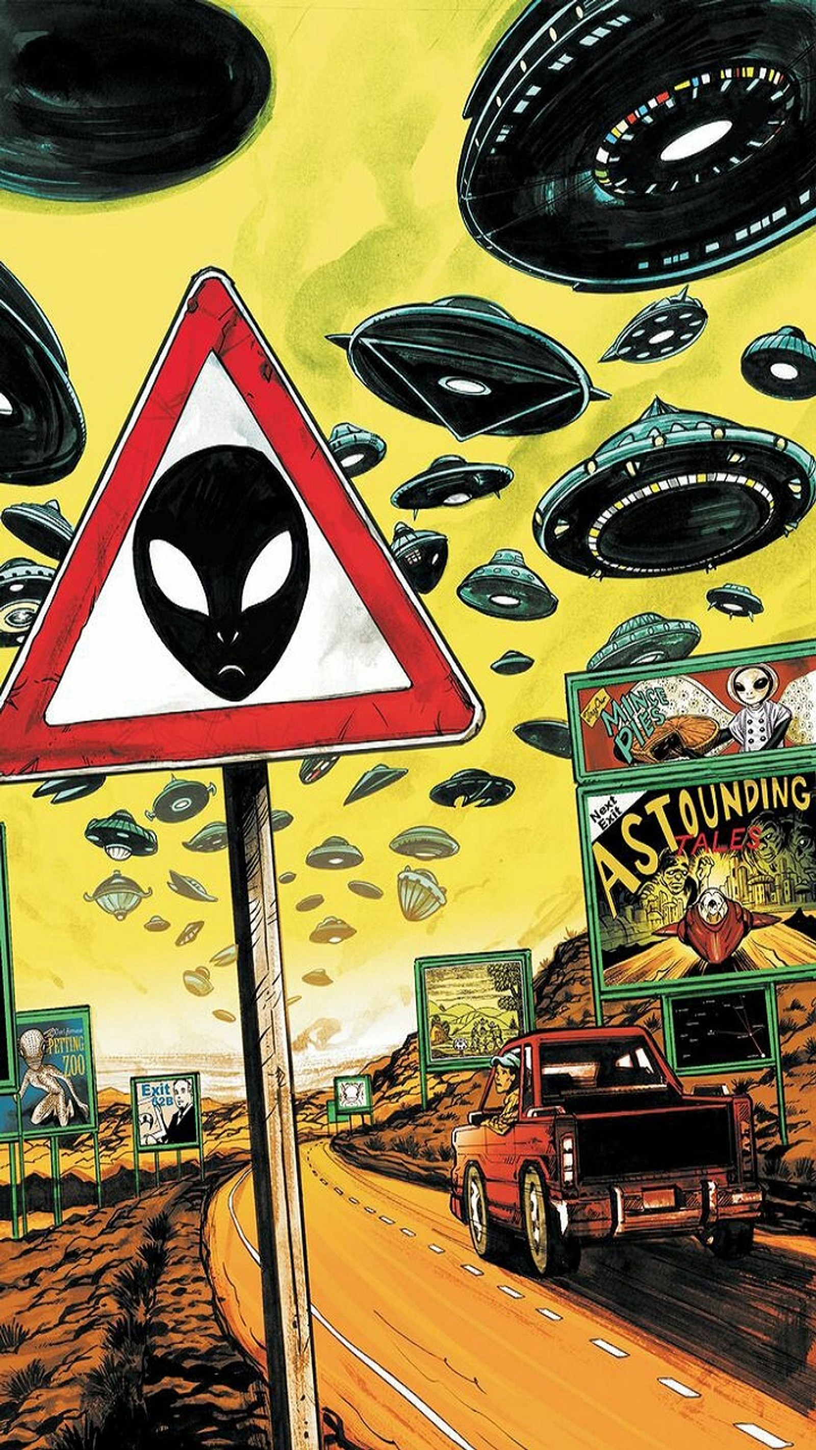 Illustration of a road sign with aliens flying over a road (aliens, ovni, ufo)