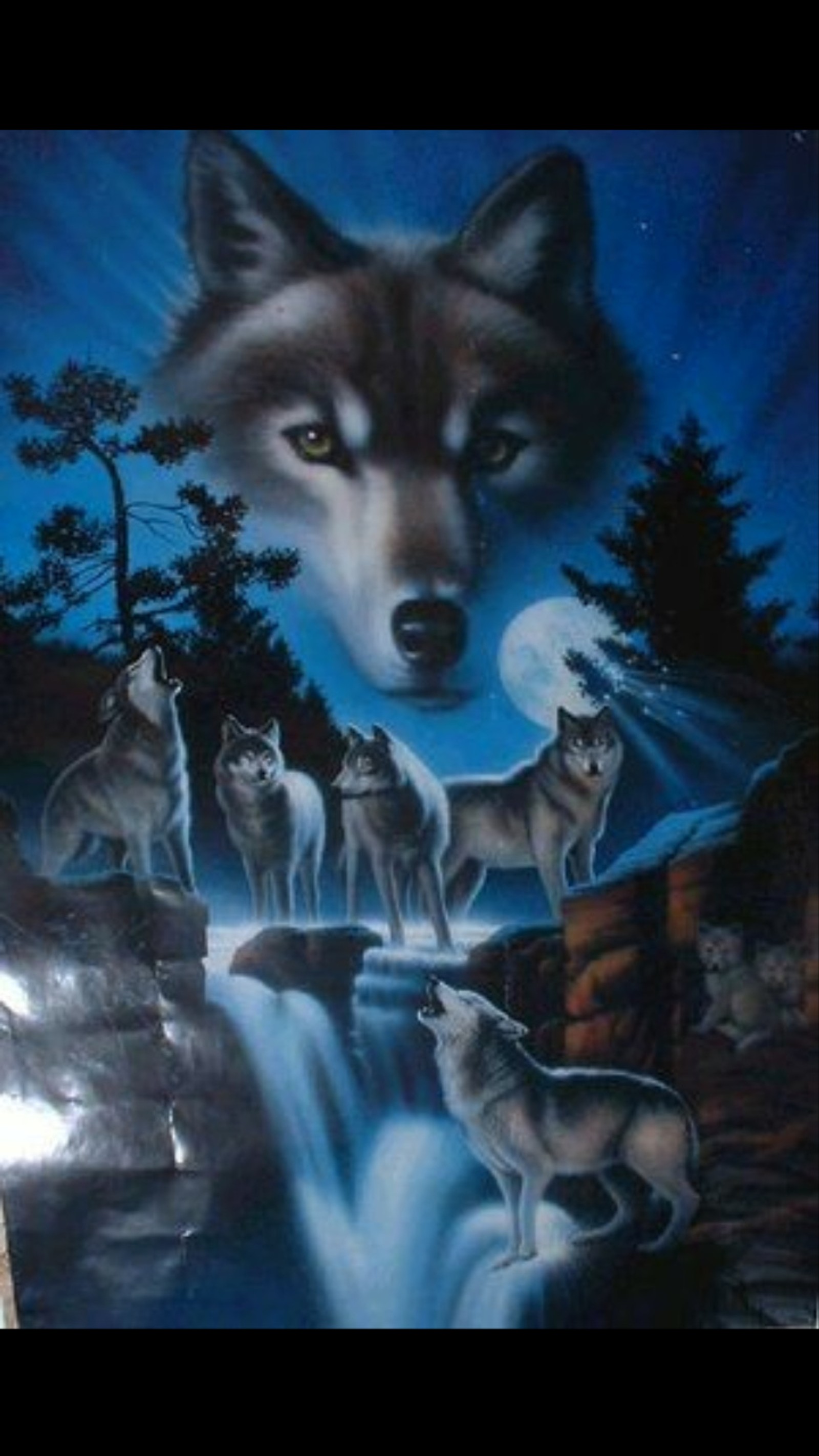 Pintura de uma família de lobos na floresta com uma cachoeira (luz do luar, wolf family)