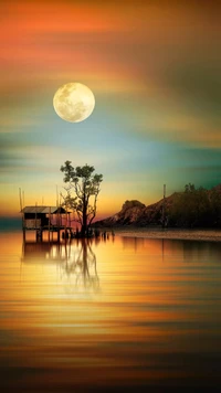 lake, moon, nature, sky, sunset wallpaper