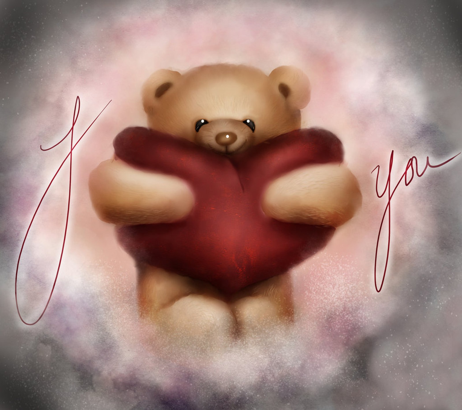 There is a teddy bear holding a heart with the word i love you (love, you)