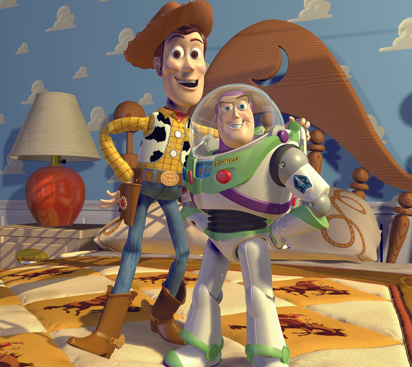 Toy story characters in a bedroom with a bed and a lamp (buzz, cartoon, story, toy, woody)