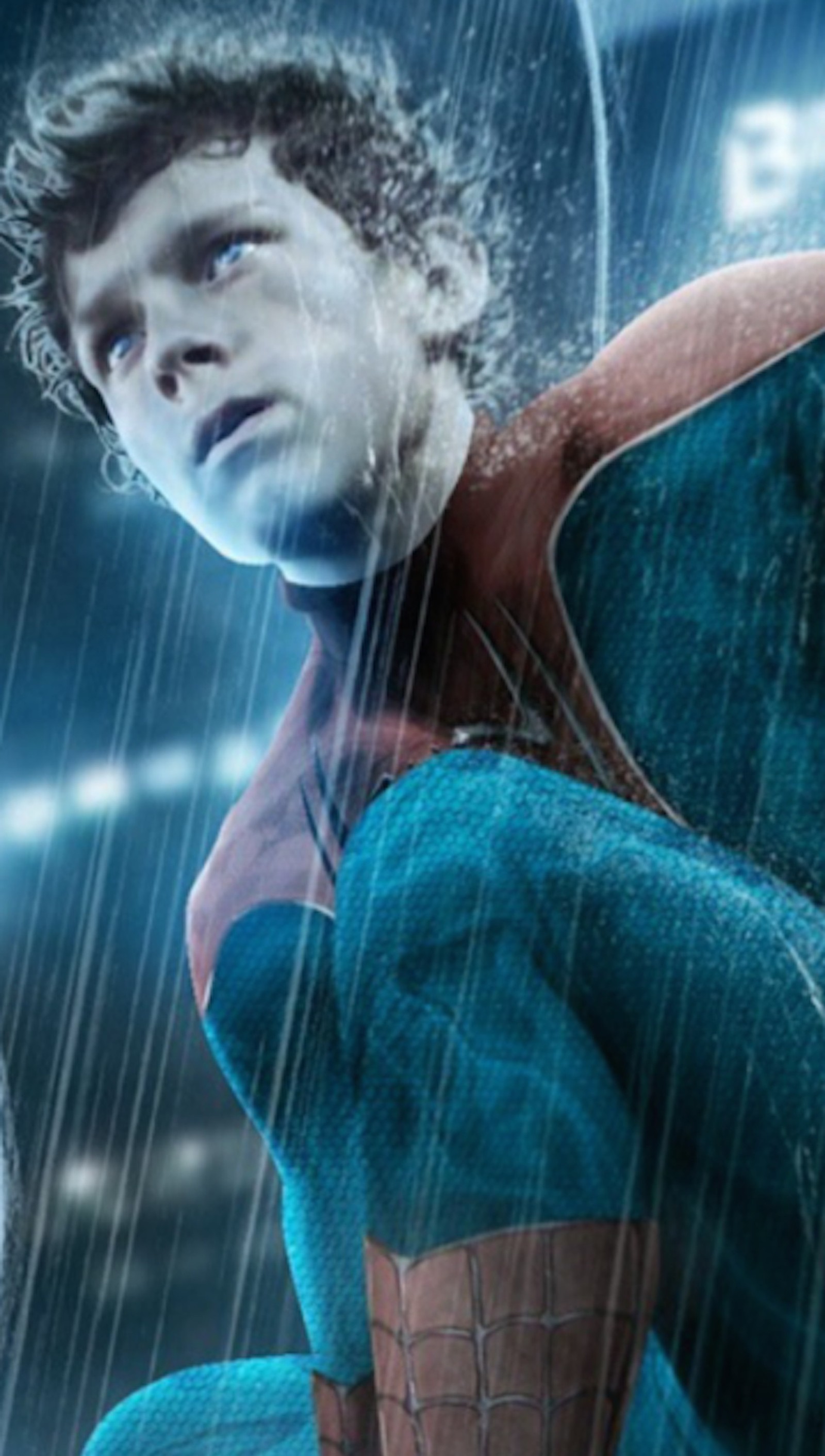 Spider-man sous la pluie avec un ballon de football (marvel, spider man, spiderman, tom holland)