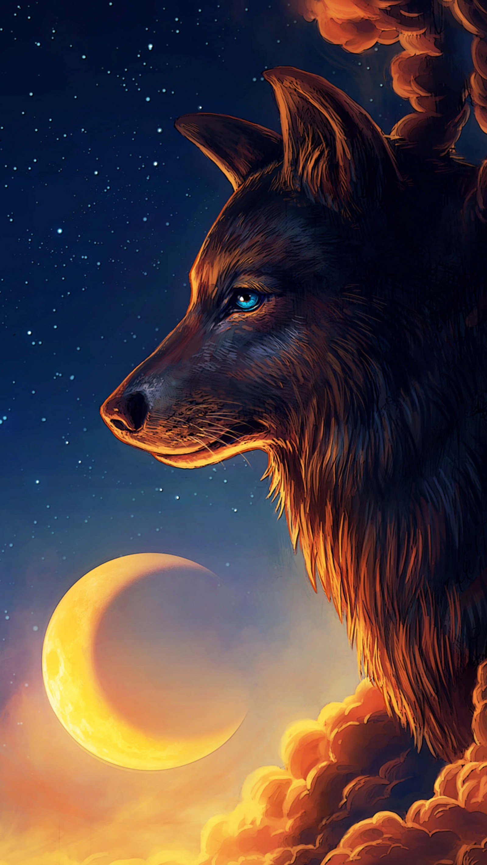 Pintura de um lobo olhando para a lua com um fundo de nuvens (animais, família, nature wolfs, wolfs our pack and family, z)