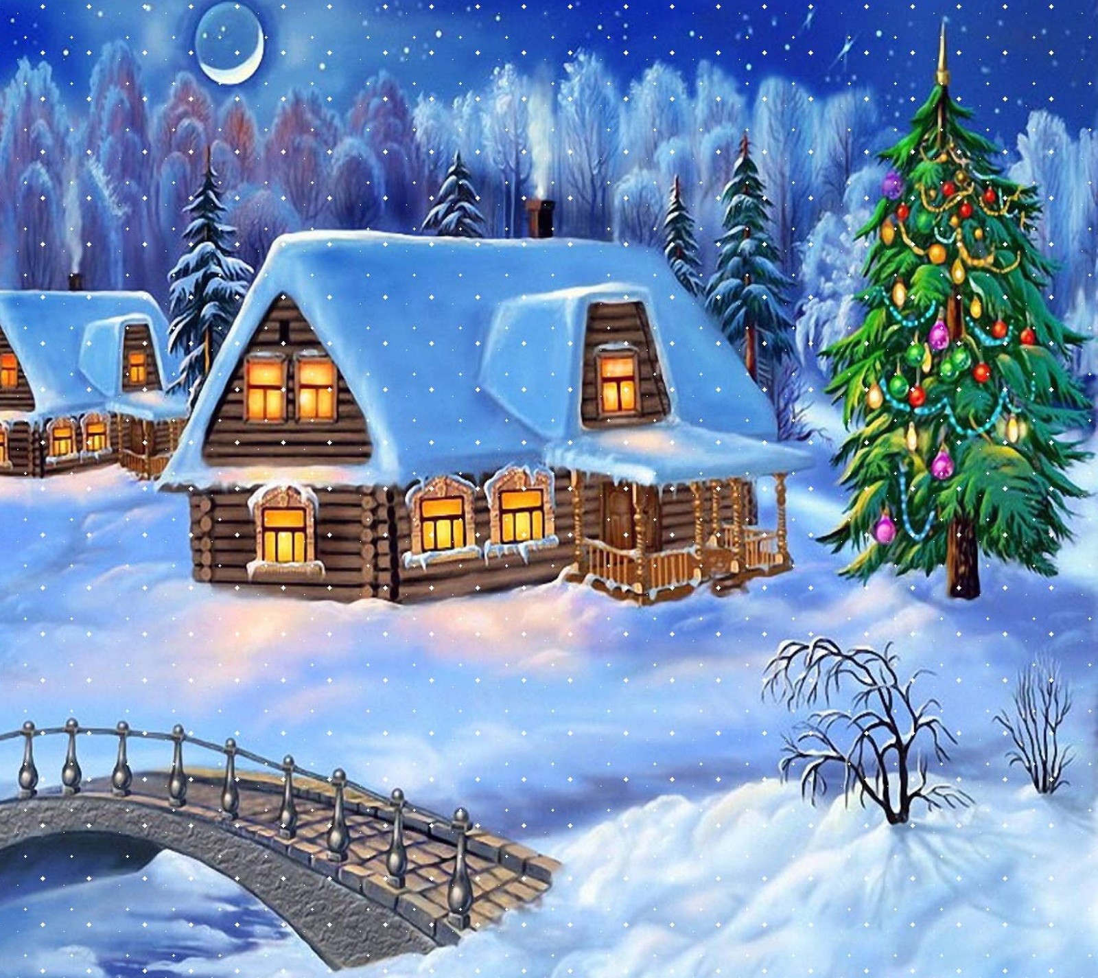 Descargar fondo de pantalla árbol de navidad, casa, ocasiones, nieve