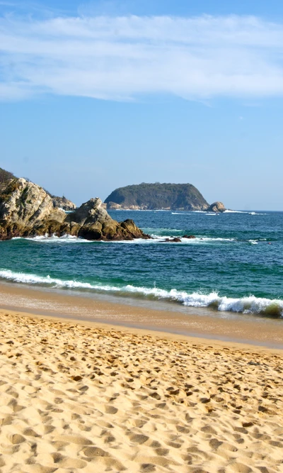 Vue panoramique de la plage avec un affleurement rocheux à Oaxaca