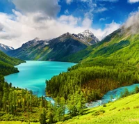 Serene Berglandschaft mit türkisfarbenem Fluss und üppigem Grün