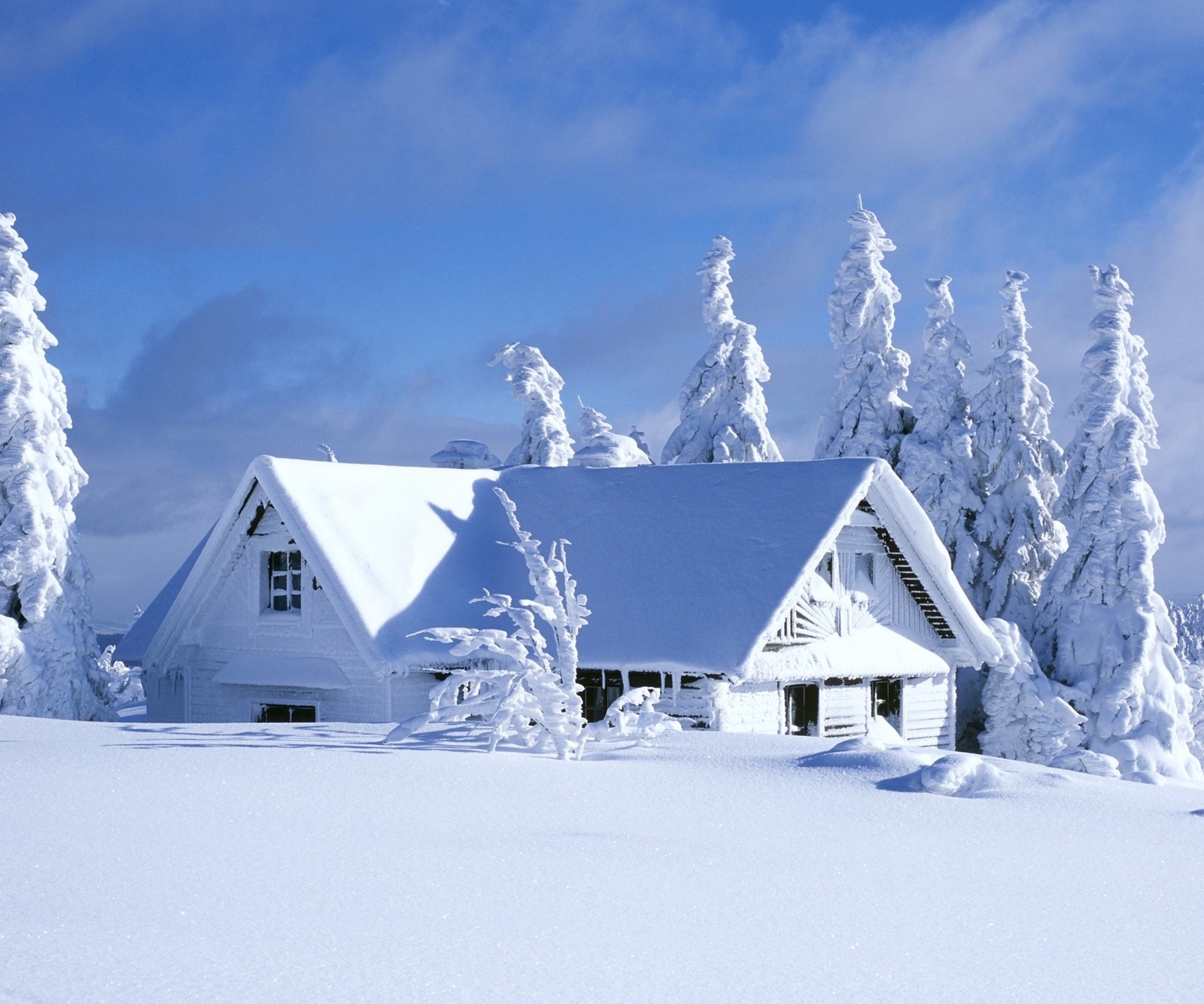 Schneebedeckte hütte im wald mit blauem himmel und wolken (haus, schnee)