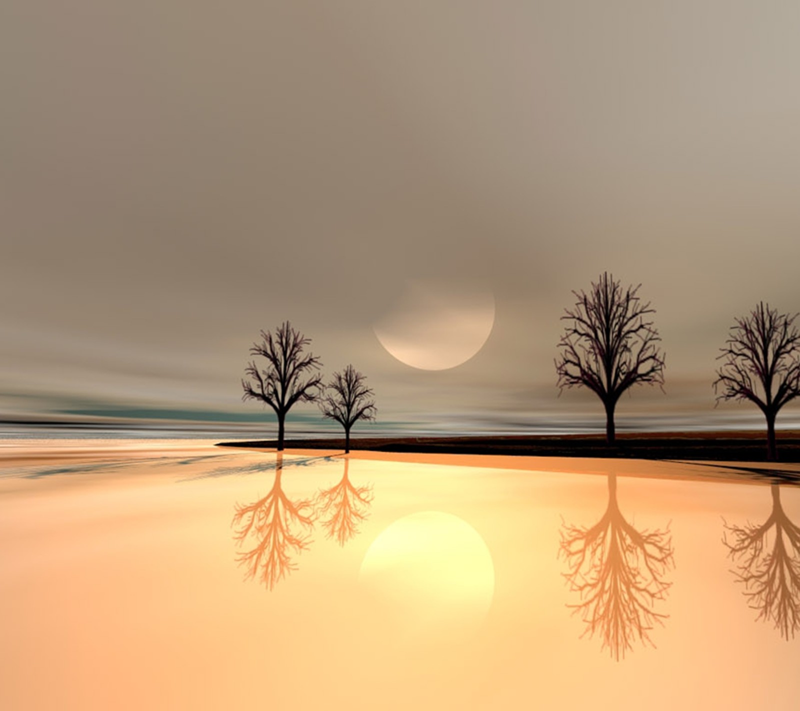 Trees are reflected in a puddle of water on a beach (animated, nature)