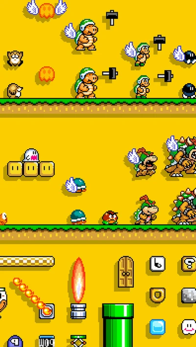 Super Mario Bros: Colorful Gameplay Elements and Enemies