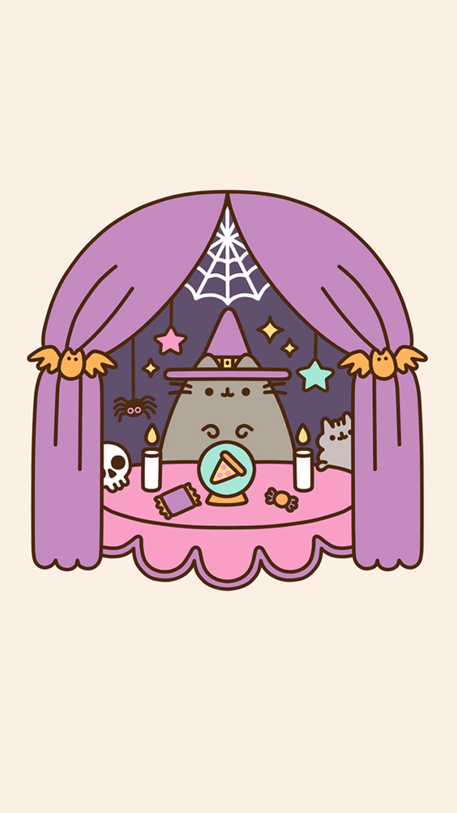 A close up of a cartoon cat in a window with a curtain (cartoon, cat, cats, kitty, pusheen)