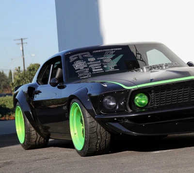 Stunning Black Tuned Car with Bright Green Rims